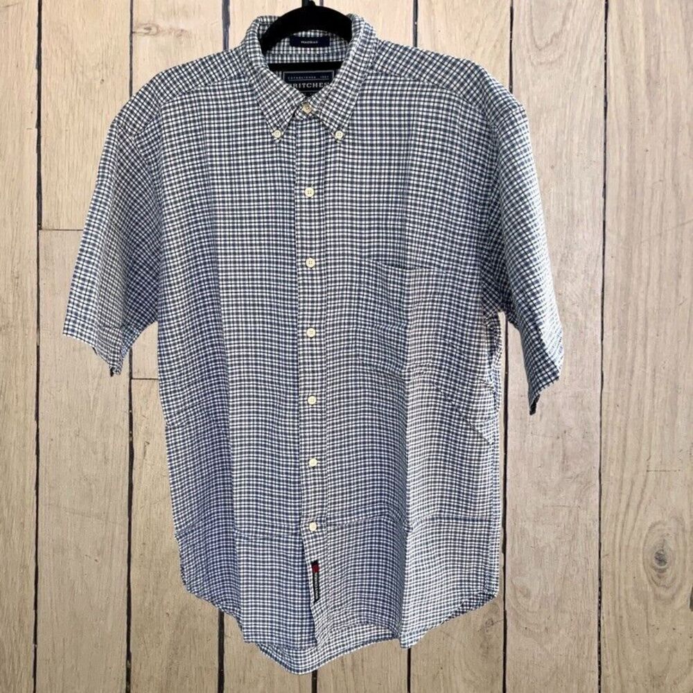 Britches Mens‎ White/Navy Plaid Madras Cotton SS Casual Button-up Shirt Size L
